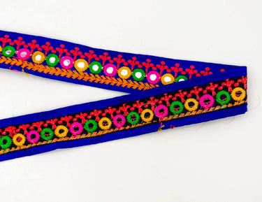Royal Blue Indian Mirror Trim Kutch Embroidered Navratri Garba Dress Trim Bridal Lace, Sari Border 35 mm Wide Trim Per 3 Yards